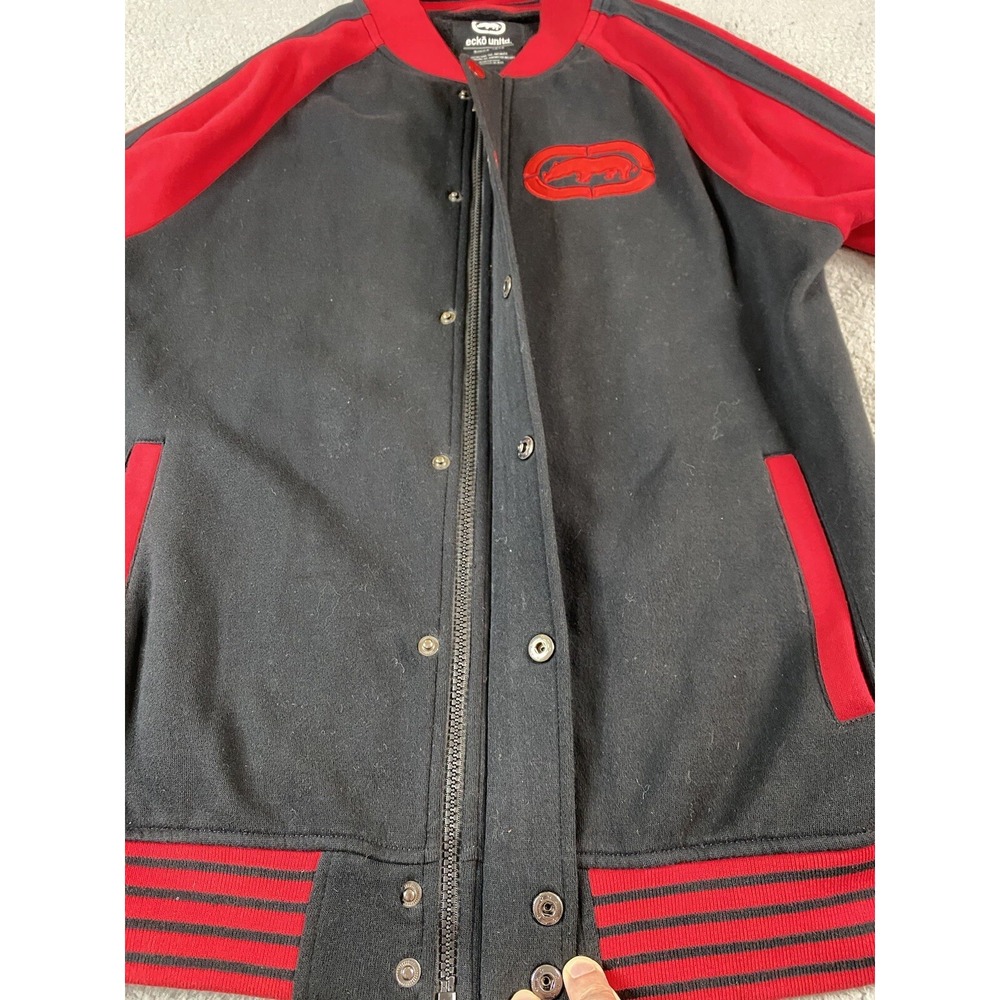 ECKO Jacket Mens Medium Black Red Varsity Snap Button Rhino Urban Streetwear - Picture 8 of 11